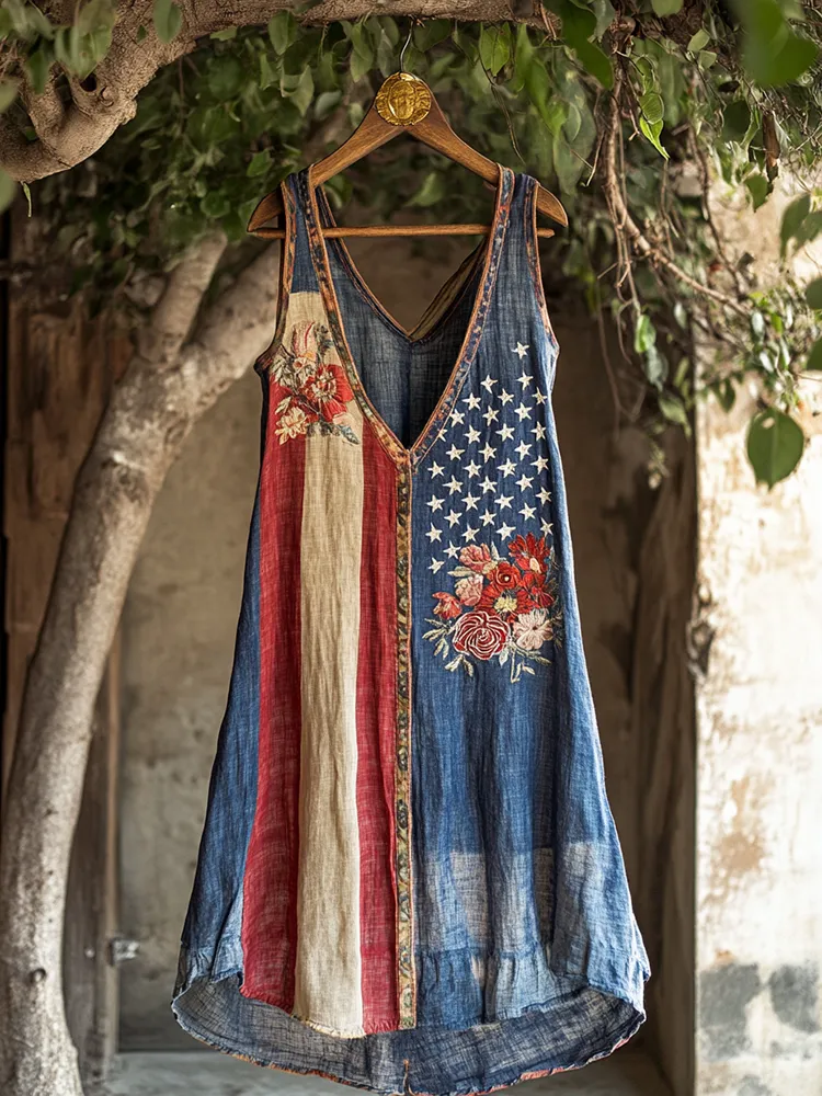 Women's Independence Day Flag Floral Embroidered V-neck Tank Midi Dress