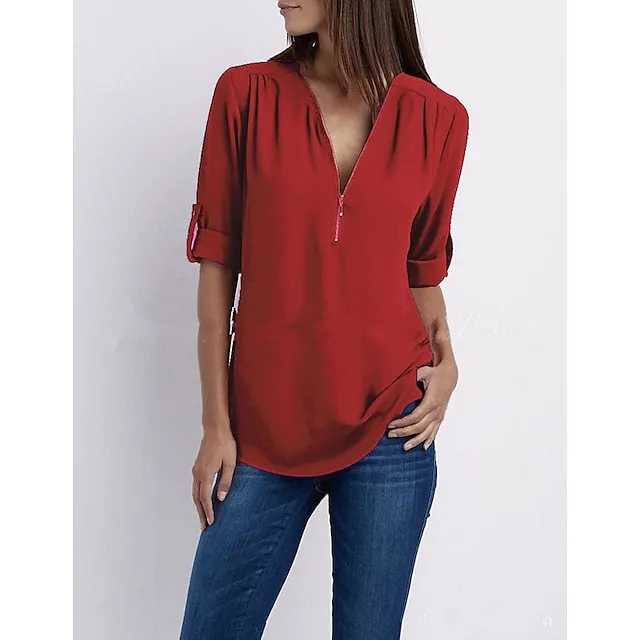 Women‘s Blouse Shirt Zipper Basic Plain Daily V Neck T-shirt Sleeve Regular Summer White Black Pink Grey Dark Blue