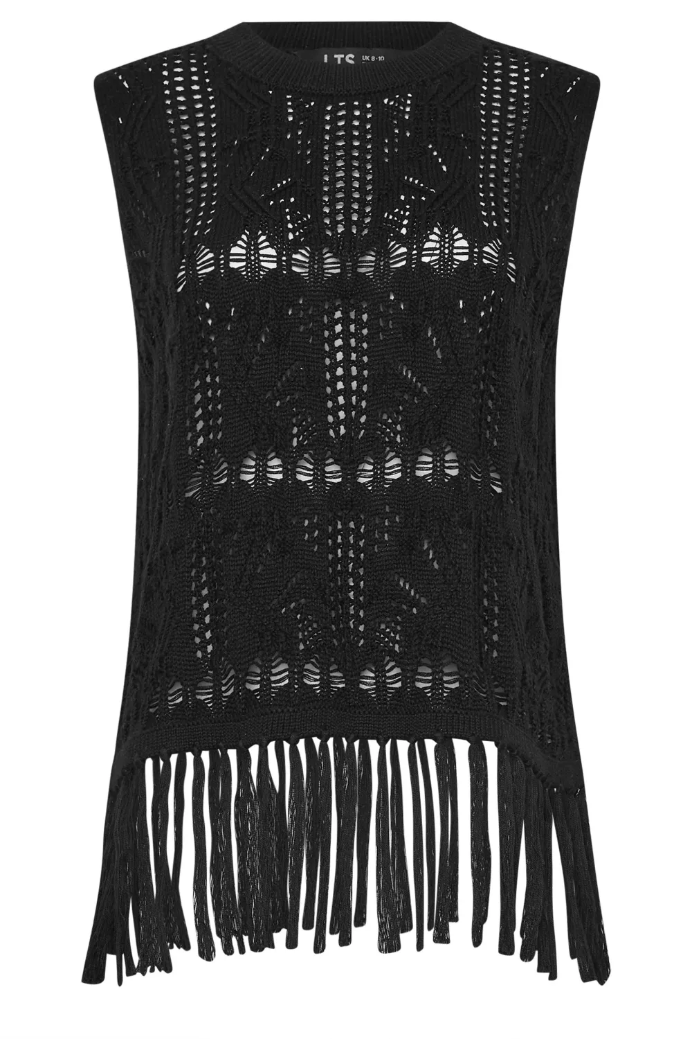 LTS Tall Black Crochet Tassel Vest Top