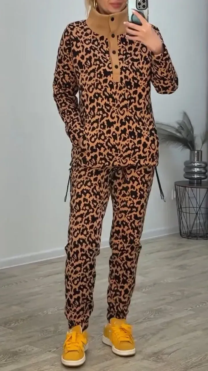 Women's High Collar Leopard Print Casual Warm Suit