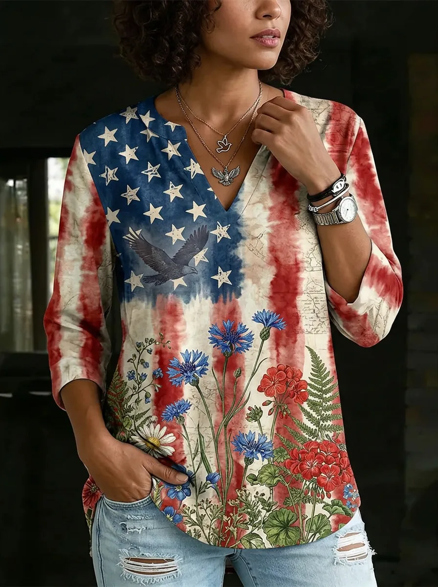 Women's Nashville USA Flag Eagle Floral Printed V-Neck Top