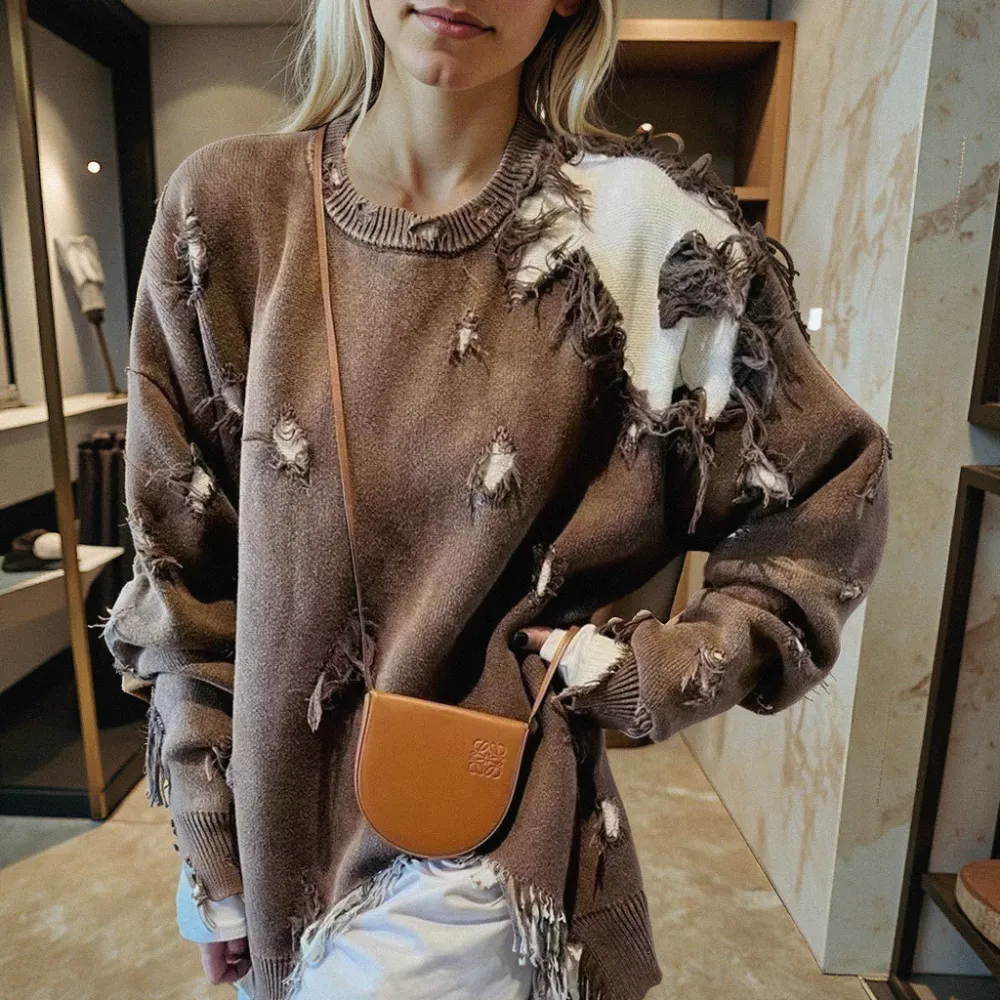 Retro Ripped Tassel Sweater