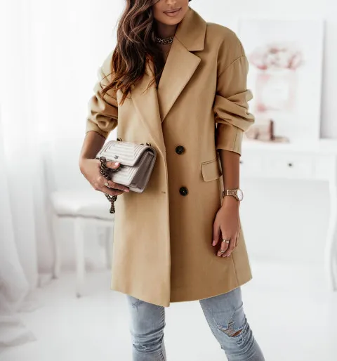 Long Sleeve Suit Collar Double Breasted Woolen Coat