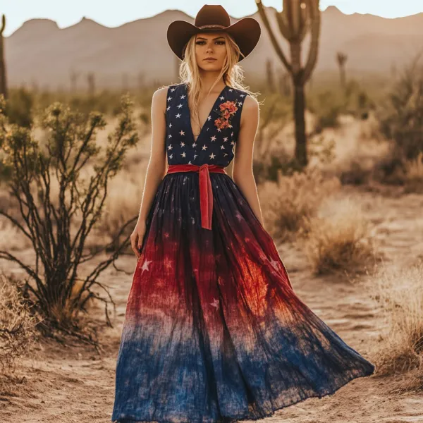 Women's Vintage Independence Day Flag Floral Gradient Sleeveless Casual Maxi Dress