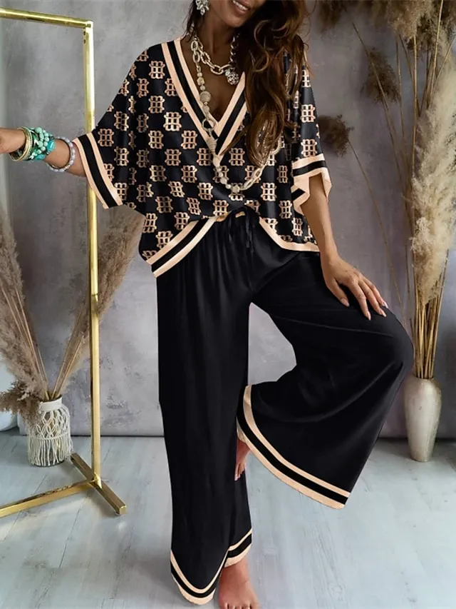 Women's Loungewear Sets Nighty 2 Pieces Geometic Simple Comfort Home Daily Going out Polyester Breathable V Wire Half Sleeve Shirt Pant Fall Spring Khaki White