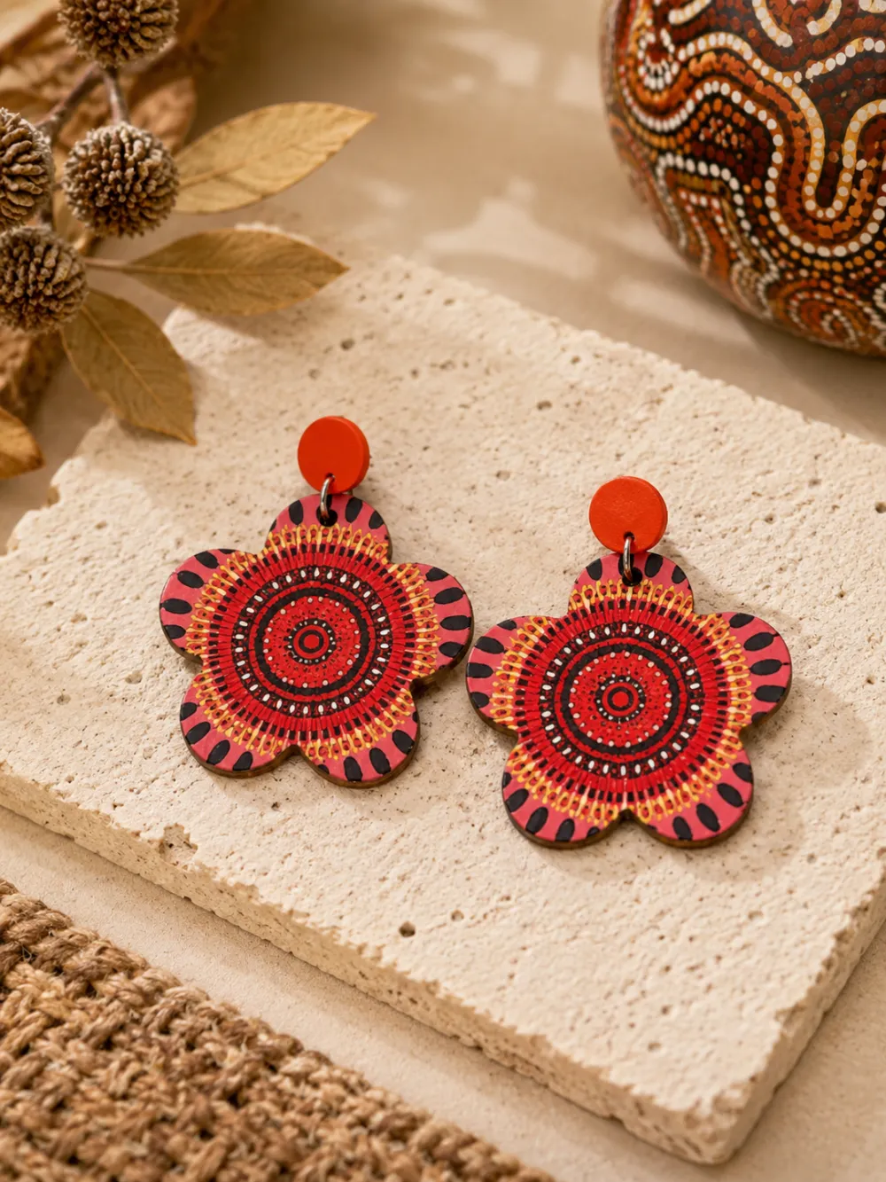 Indigenous Style Wooden Retro Art Geometric Printed Earrings