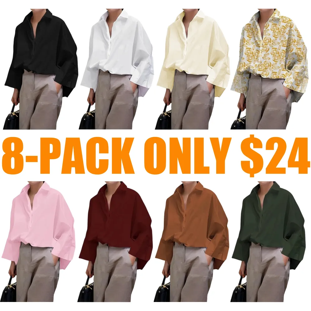 Womens Cotton Button Down Shirt Casual 3/4 Sleeve Loose Fit