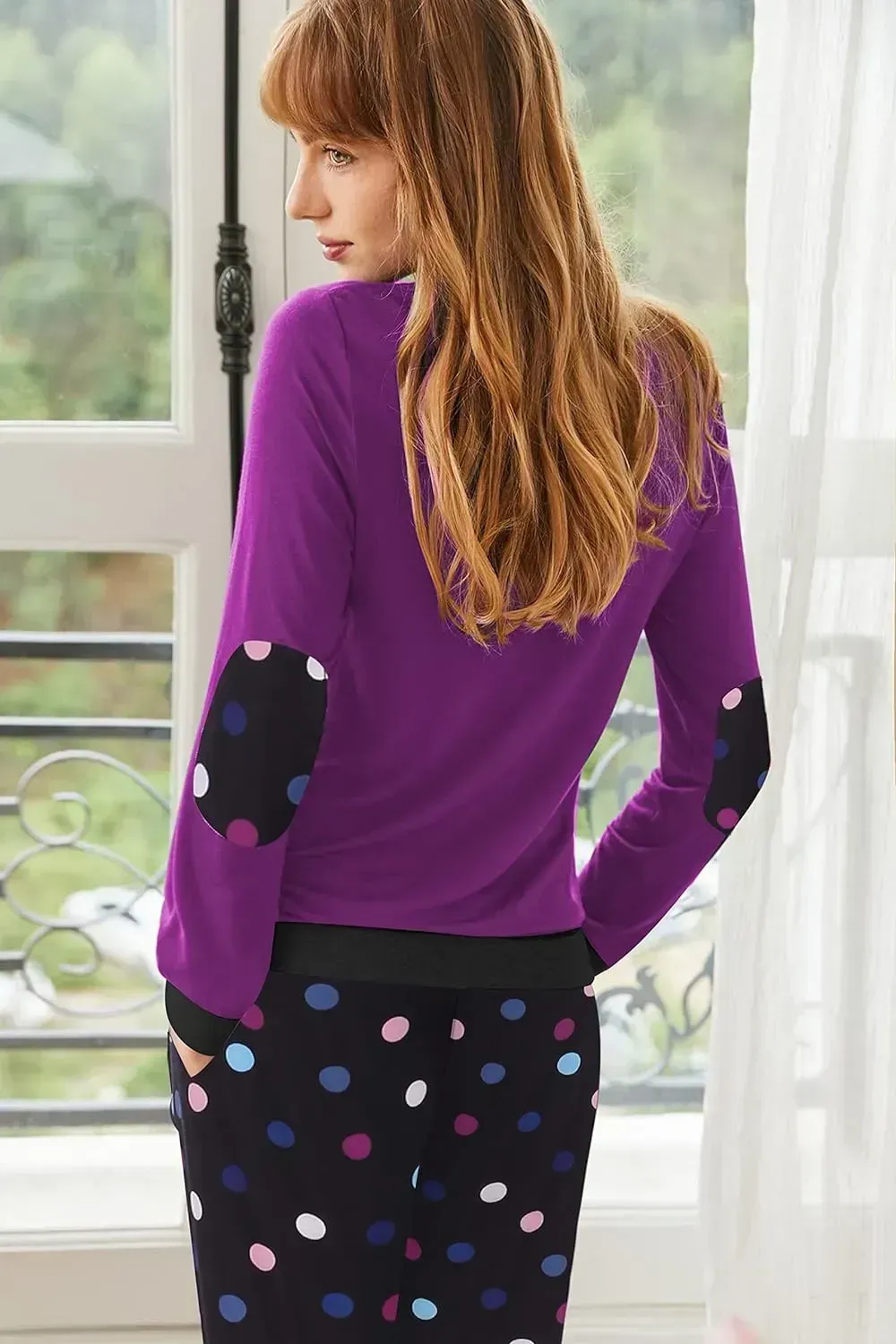 Women's Pajamas Sets Long Sleeve with Plaid Pants Soft Sleepwear O Neck 2 Piece Pjs Joggers Loung Set with Pockets