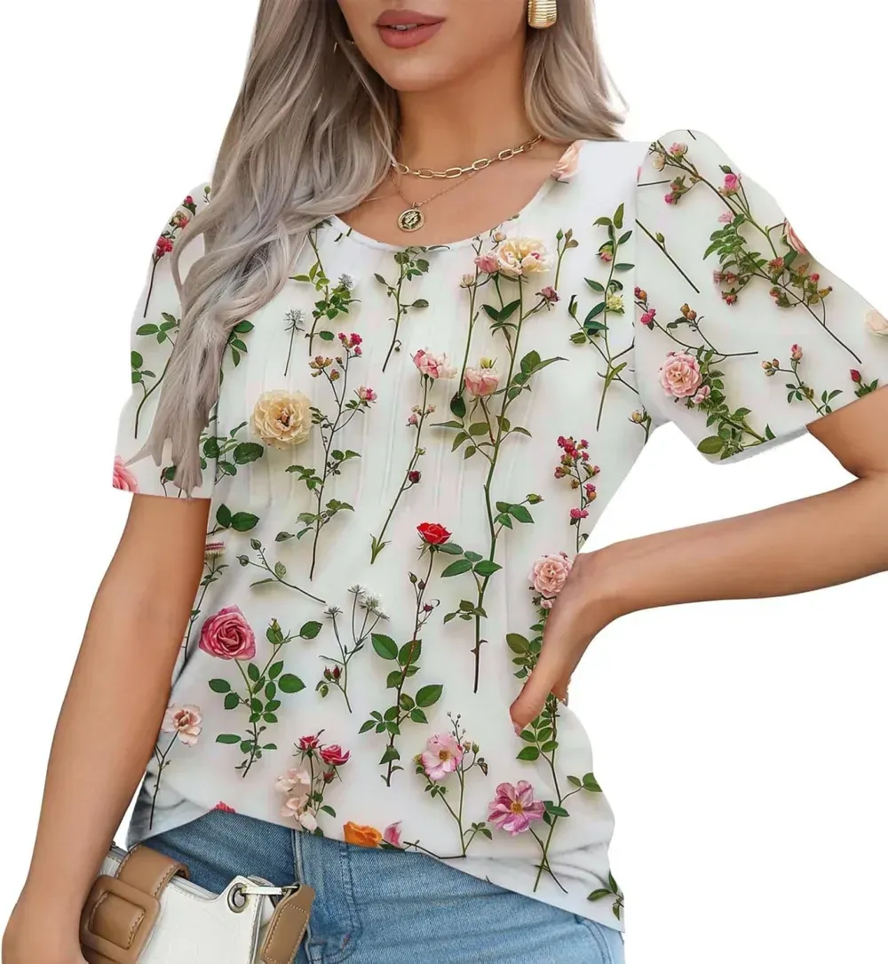 Womens Summer Pleated Front Shirts Tunics Casual Short Sleeved Loose Round Neck Boho Printed Tops Vacation Blouse