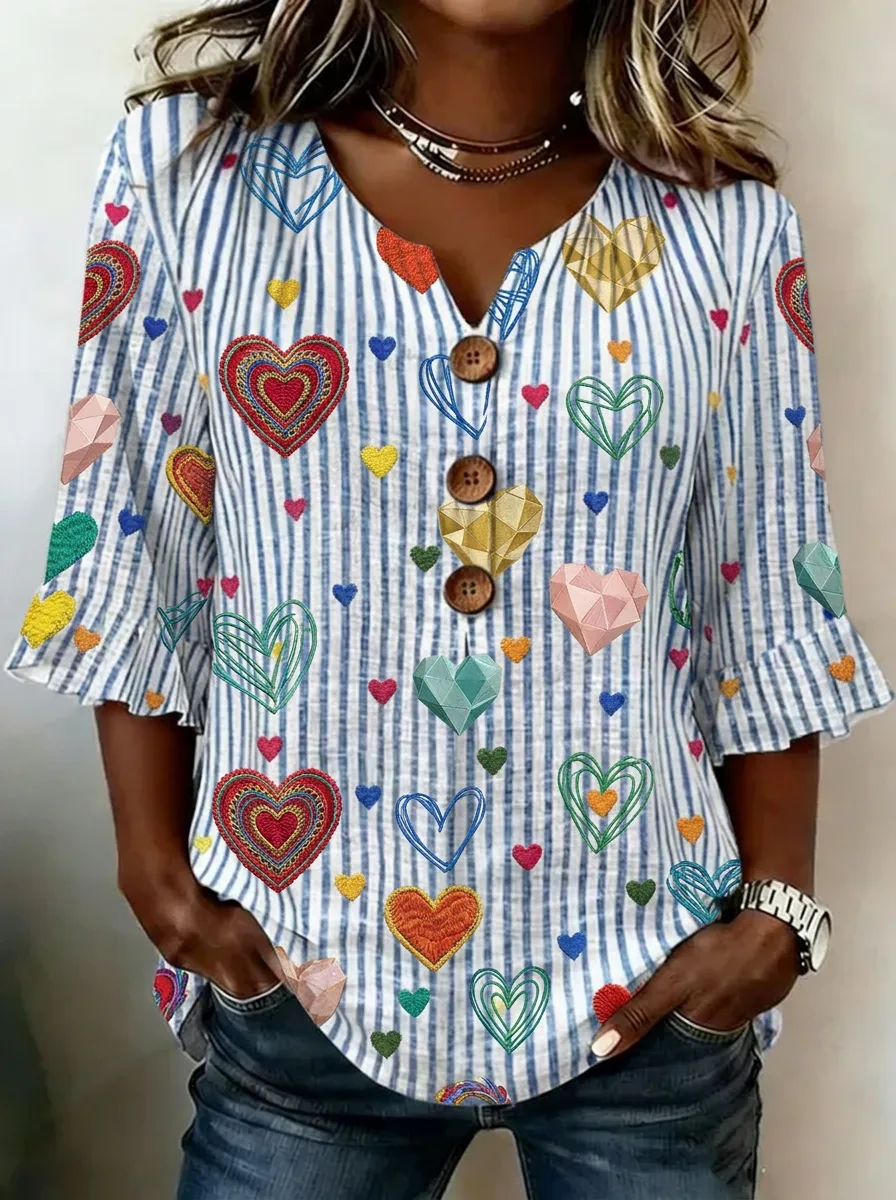 Women's Nashville Heart Pattern Striped Printed V-Neck Top
