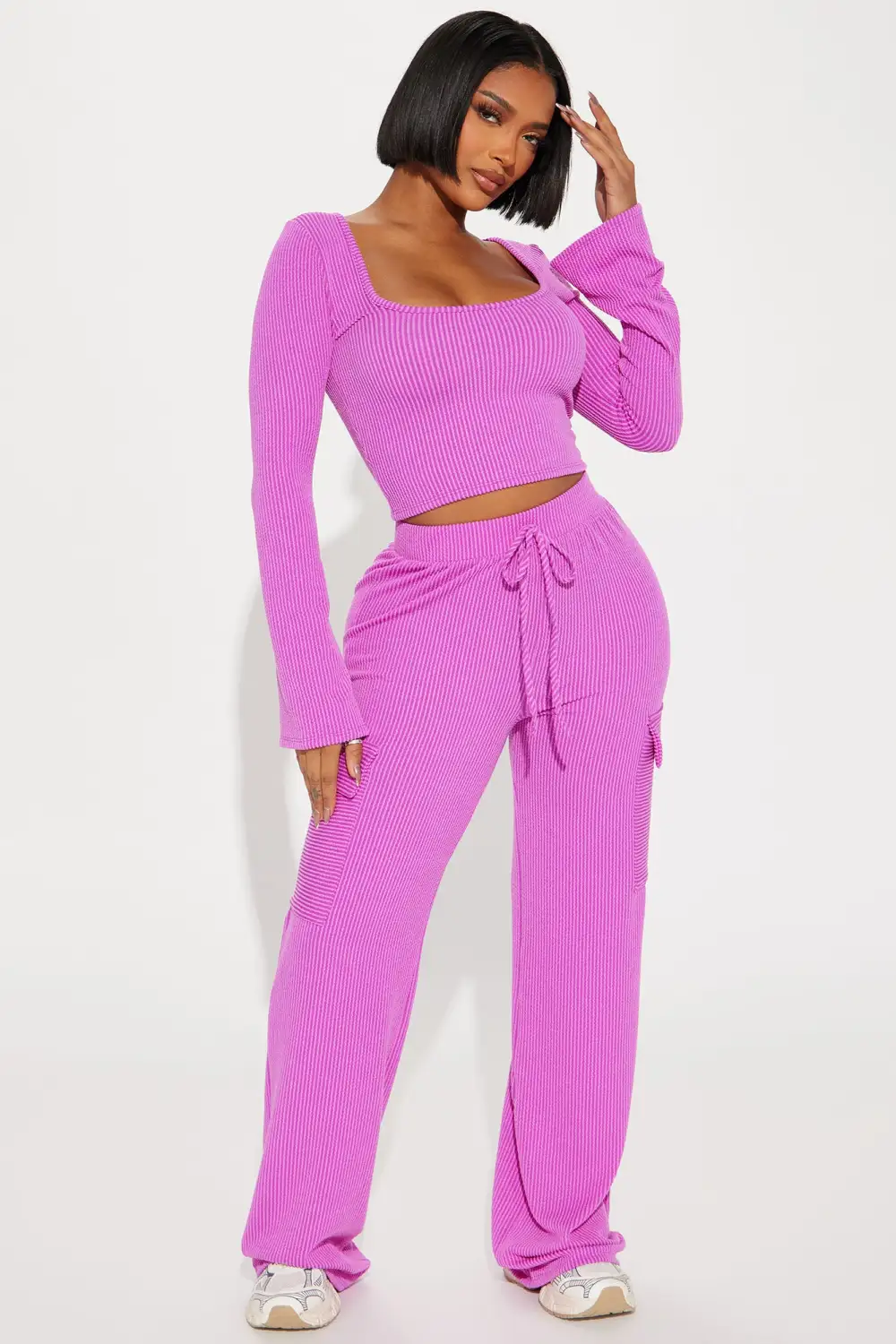 Nobody Like Me Ribbed Pant Set - Fuchsia