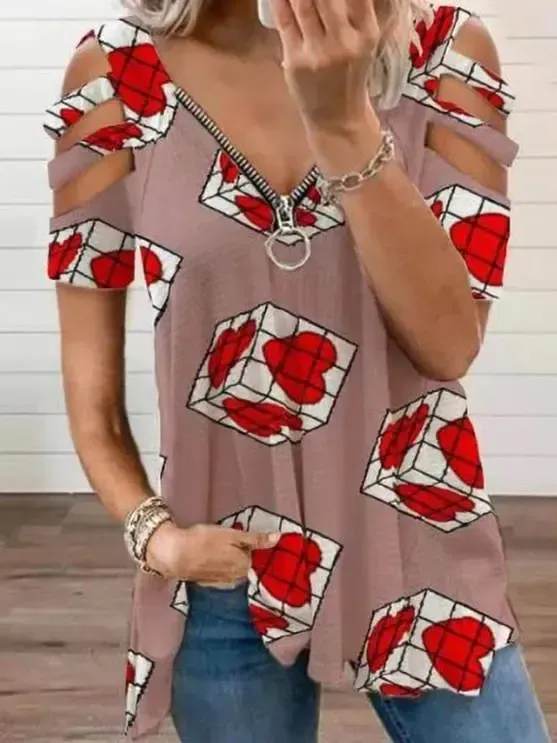 Women Short Sleeve V-neck Floral Printed Geometric Top