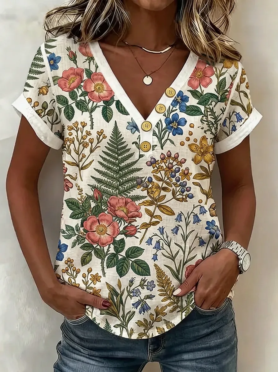 Women's Nashville Botanical Floral Printed V-neck Button Shirt
