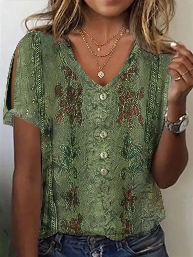Women Short Sleeve V-neck Graphic Printed Tops