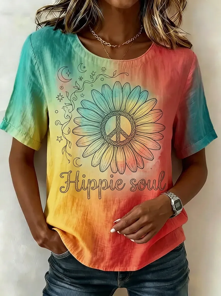 Women's Nashville Hippie Soul Sunflower Peace Sign Printed T-shirt