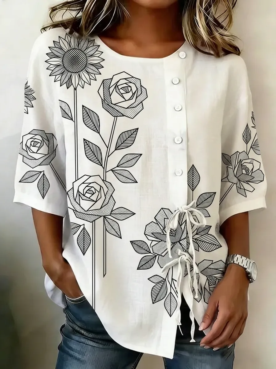 Women's Nashville Floral Sunflower Rose Printed Button-up Top