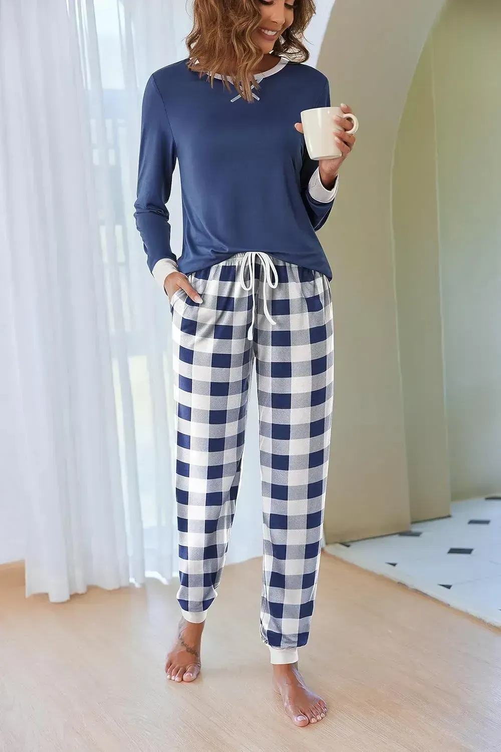 Women's Pajamas Sets Long Sleeve with Plaid Pants Soft Sleepwear O Neck 2 Piece Pjs Joggers Loung Set with Pockets