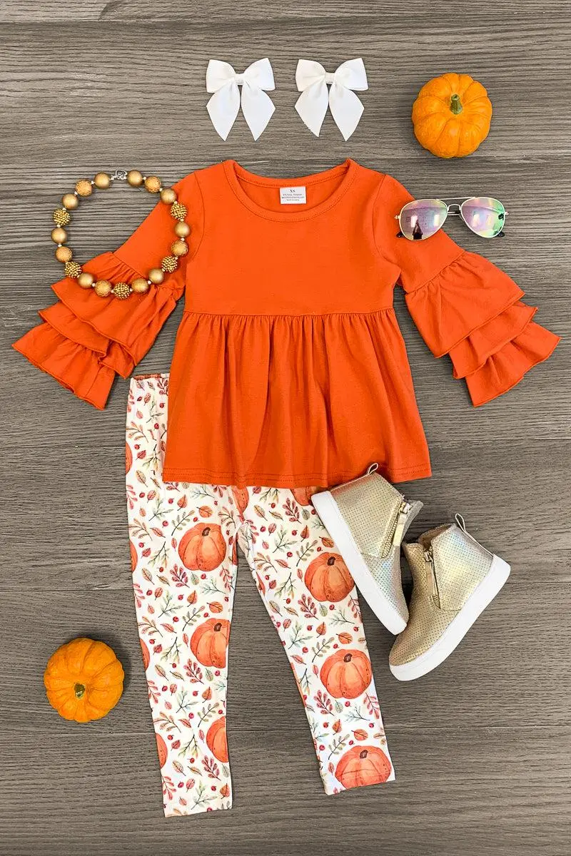 Orange Ruffle & Pumpkin Leaves Legging Set