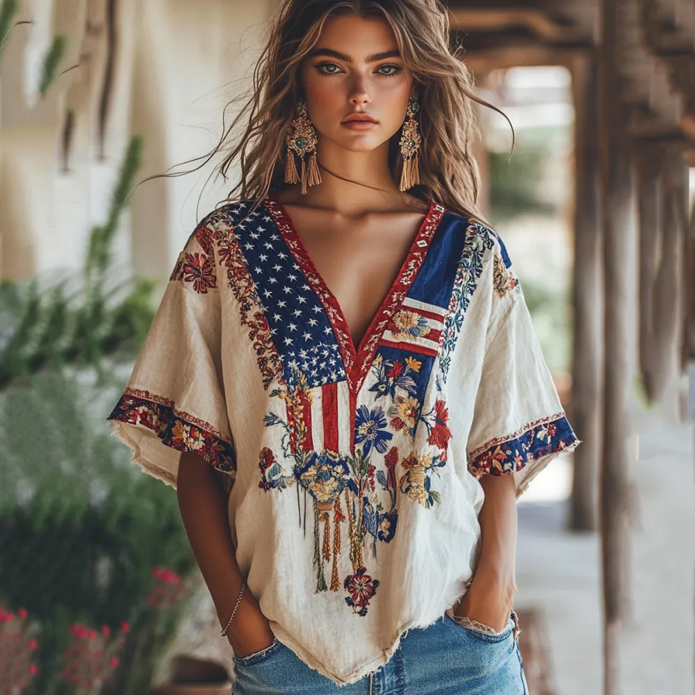 Women's Independence Day Flag Flower Embroidered V-neck Linen T-shirt