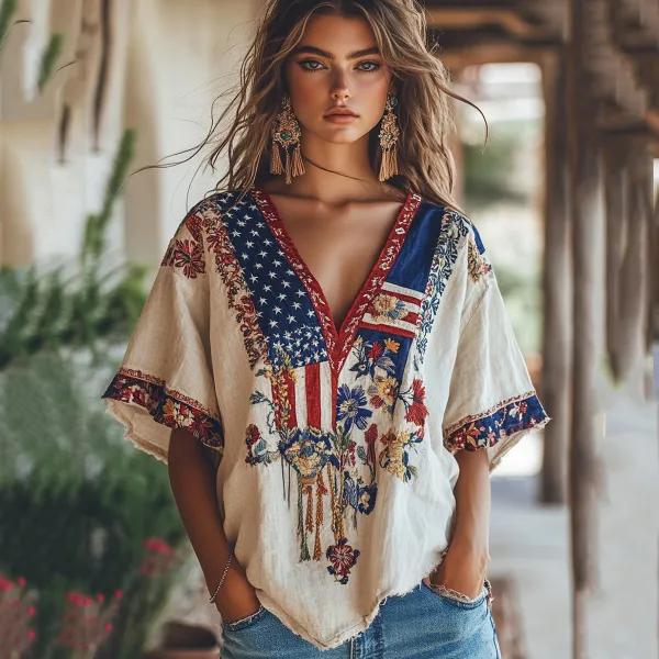 Women's Independence Day Flag Flower Embroidered V-neck Linen T-shirt