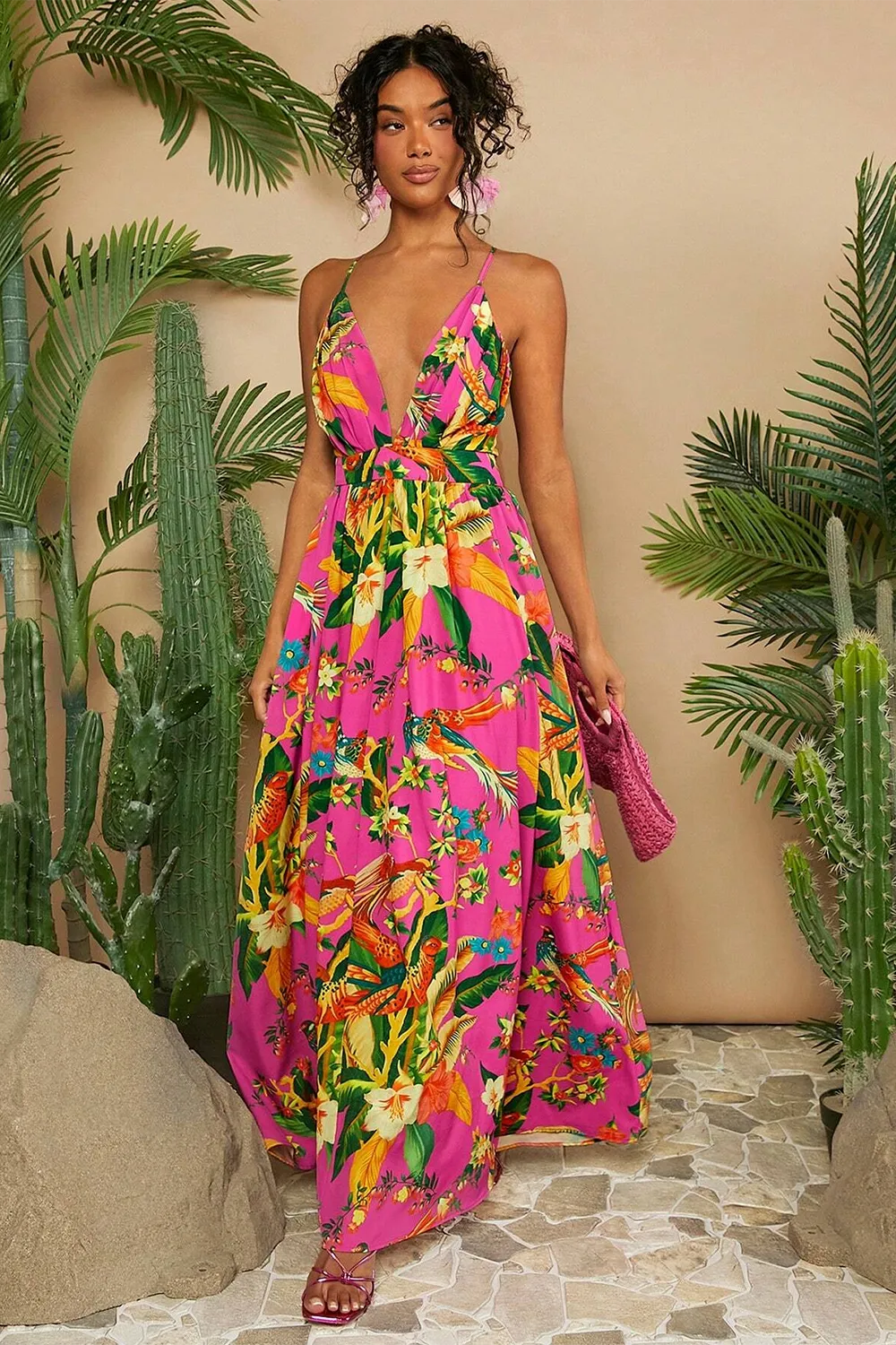 Women's Plant Printed Spaghetti Strap Dress