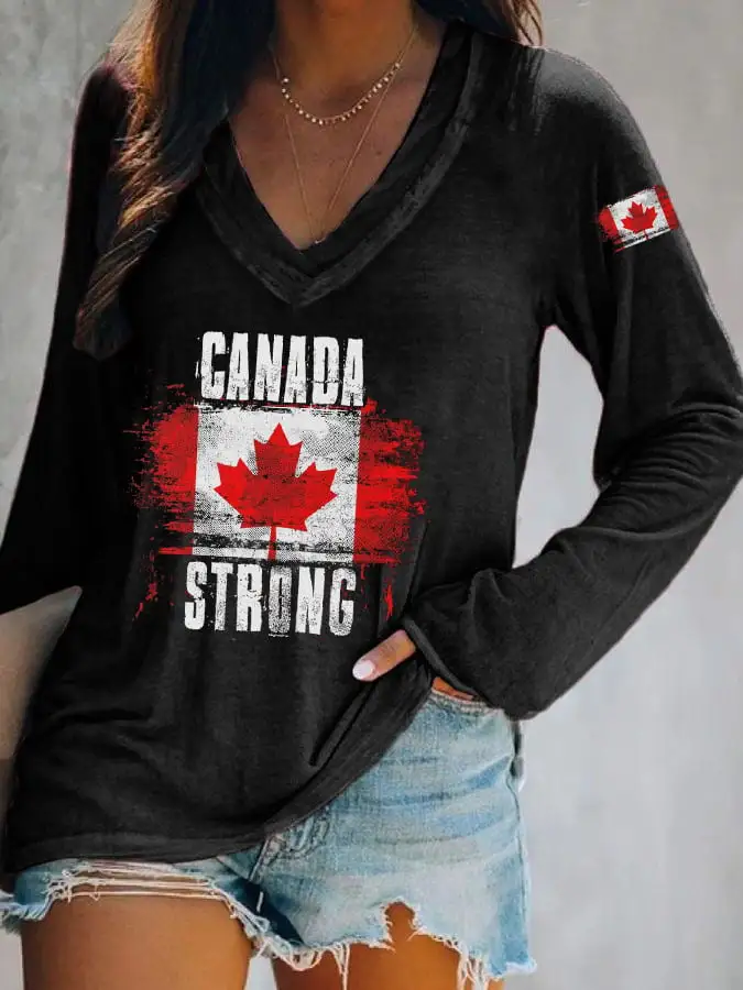 Women's Canada Strong Maple Leaf Flag Print V-Neck T-Shirt