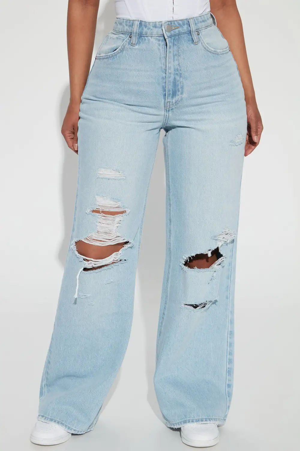 On My Level Ripped Non Stretch Wide Leg Jean - Light Wash