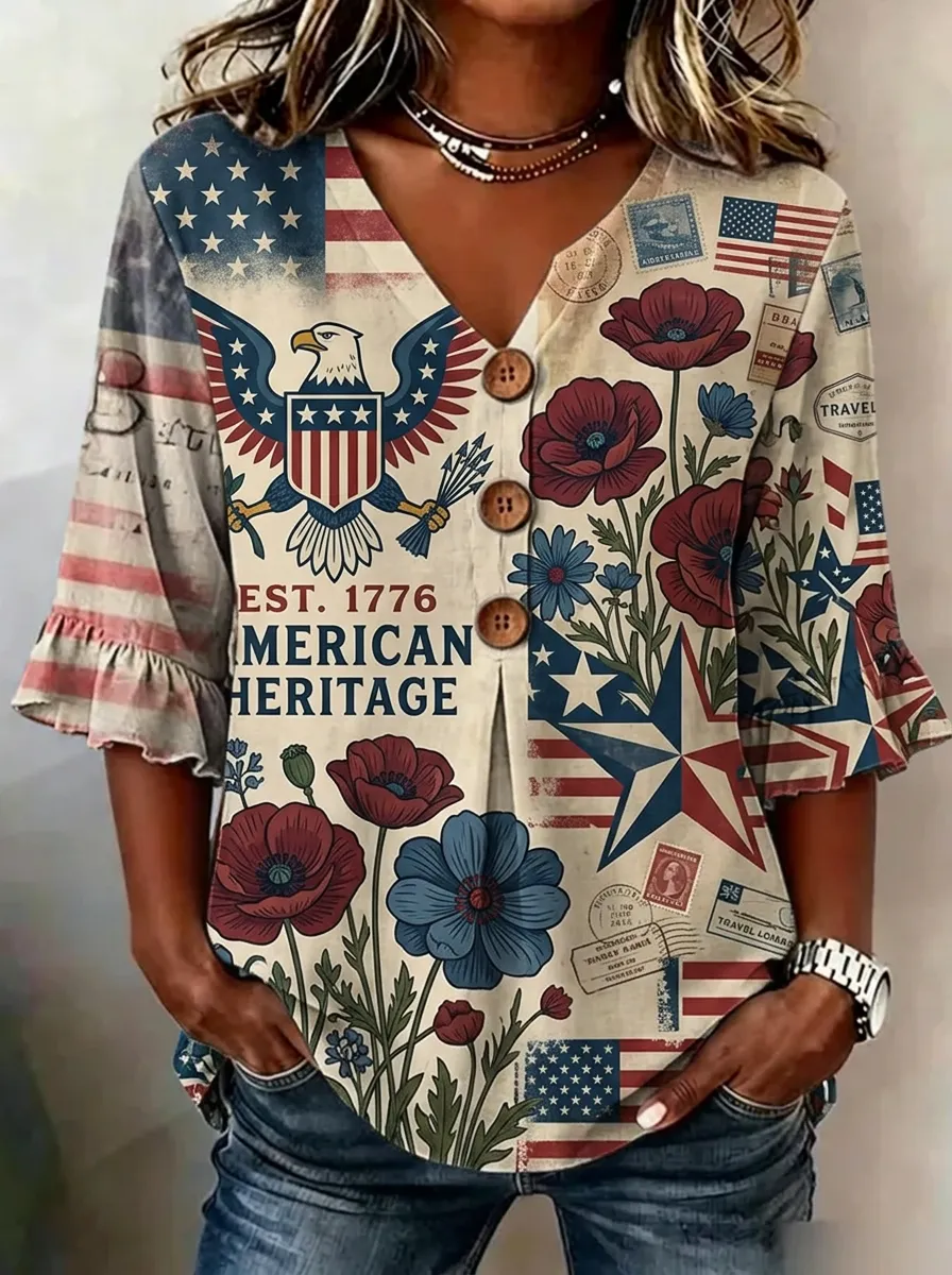Women's American Heritage Eagle Floral Flag Printed V-Neck Top