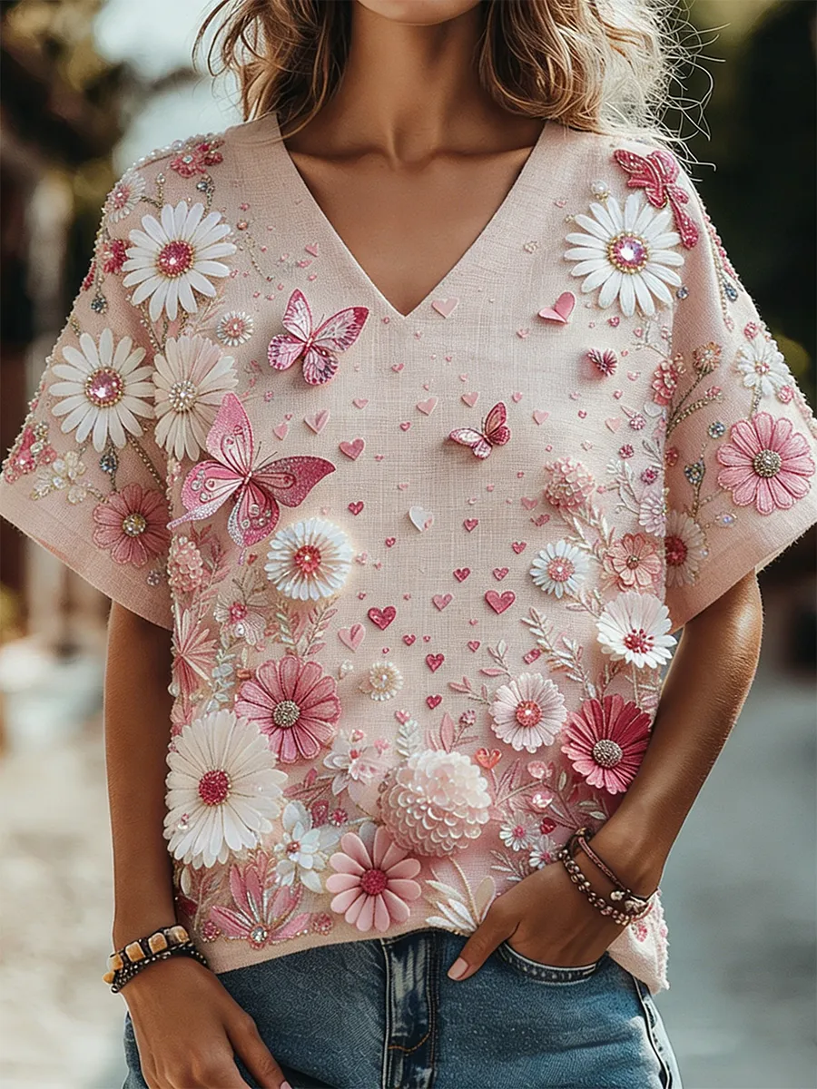 Women's Retro Floral Butterfly Embroidery Art Pattern V-Neck Short Sleeved T-Shirt