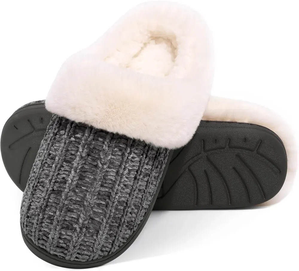 Warm Knit House Slippers for Women Comfy Wool-Like Lined Chenille Slippers with Memory Foam and Indoor Outdoor Soles