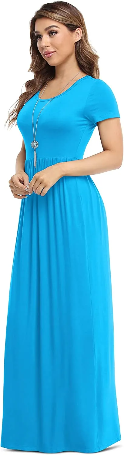 Women's Short Sleeve Loose Plain Maxi Dresses Casual Long Dresses with Pockets