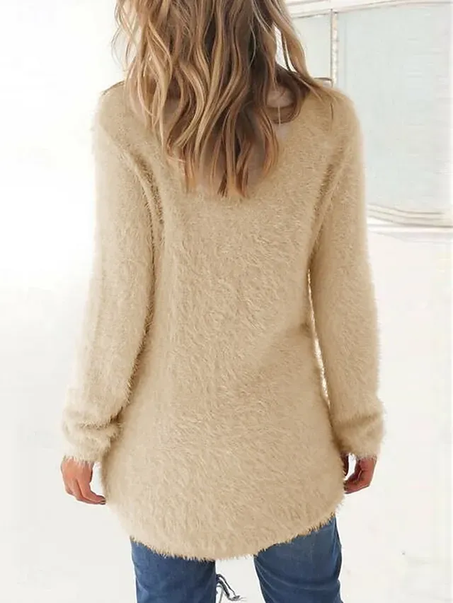 Women's Pullover Sweater Jumper Stylish Casual Soft Solid Color Fuzzy Crew Neck Oversized Long Sleeve Long Tops Knit Outdoor Daily Going out Lake blue ArmyGreen Fall Winter
