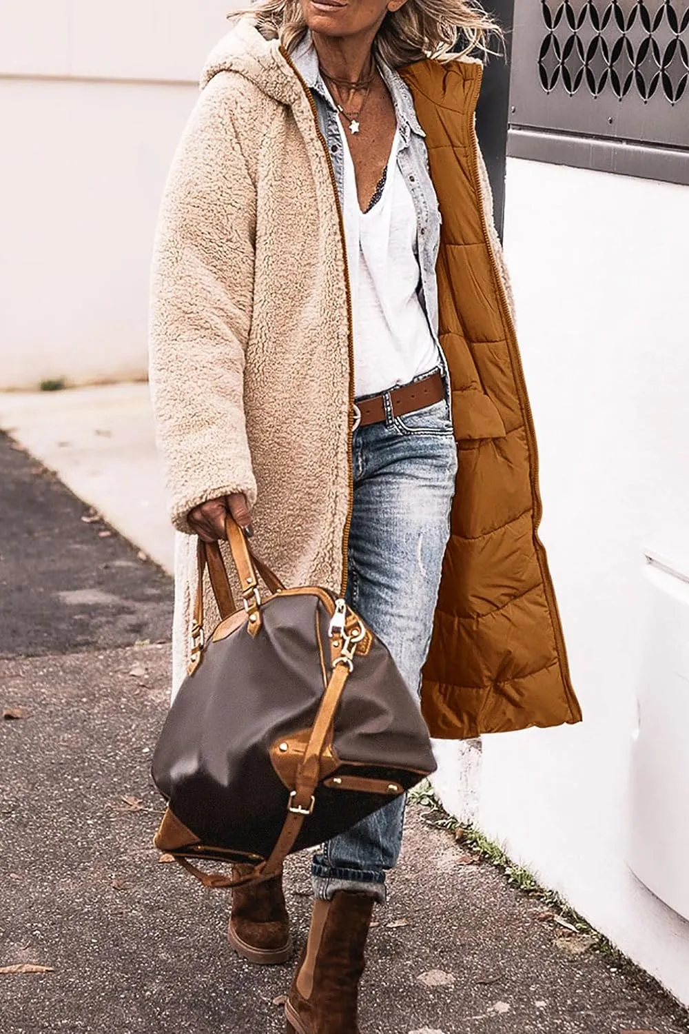 Women's 2023 Warm Winter Coats Reversible Sherpa Fleece Long Hooded Puffer Jackets Outerwear