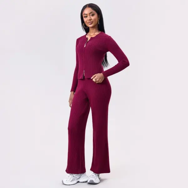 Women's Comfy Solid Color Ribbed Zip-Up Sweater & Wide Leg Trousers Co-ord