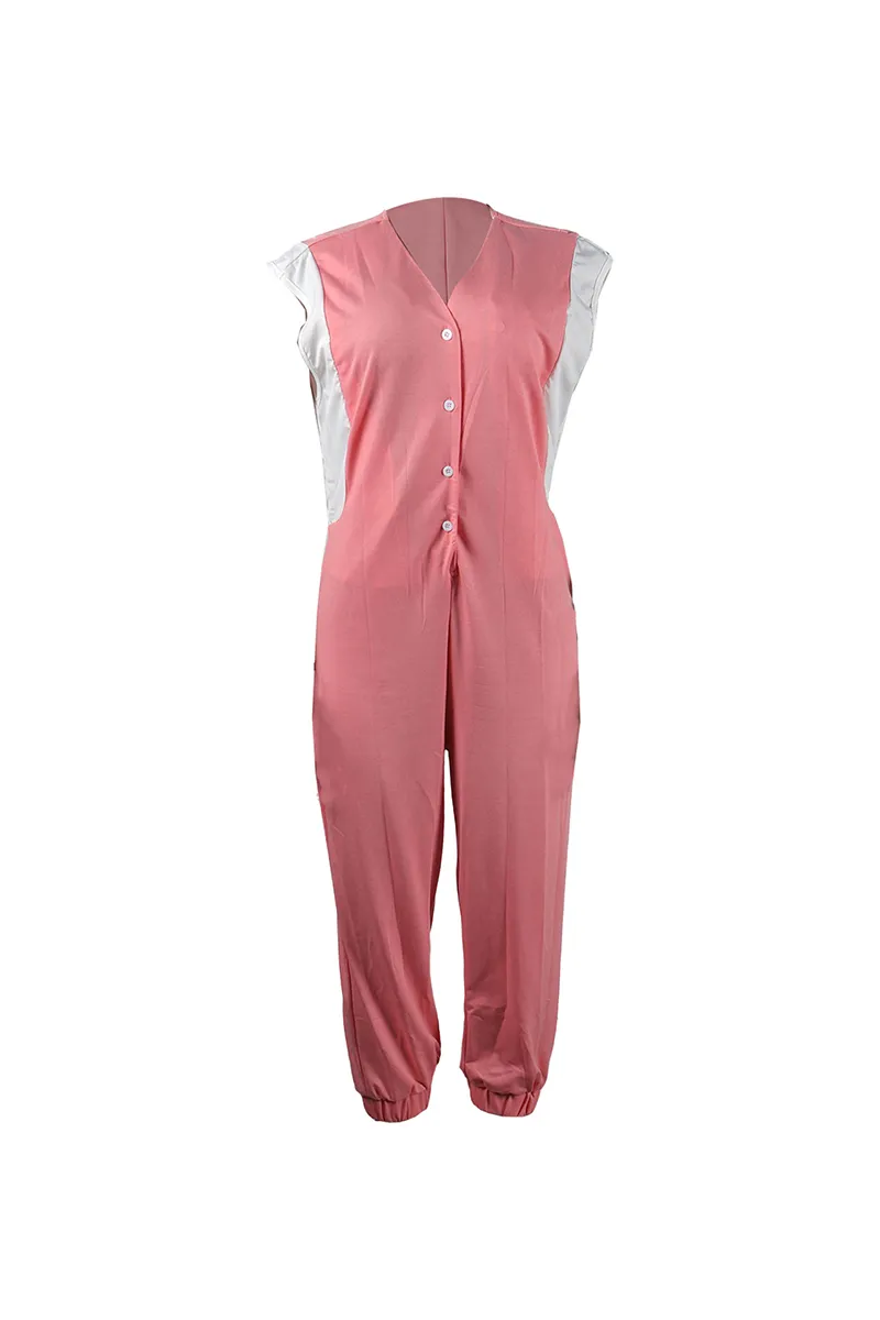 Sleeveless Deep V Neck Button Down Patchwork Tapered Leg Jumpsuit-Gray