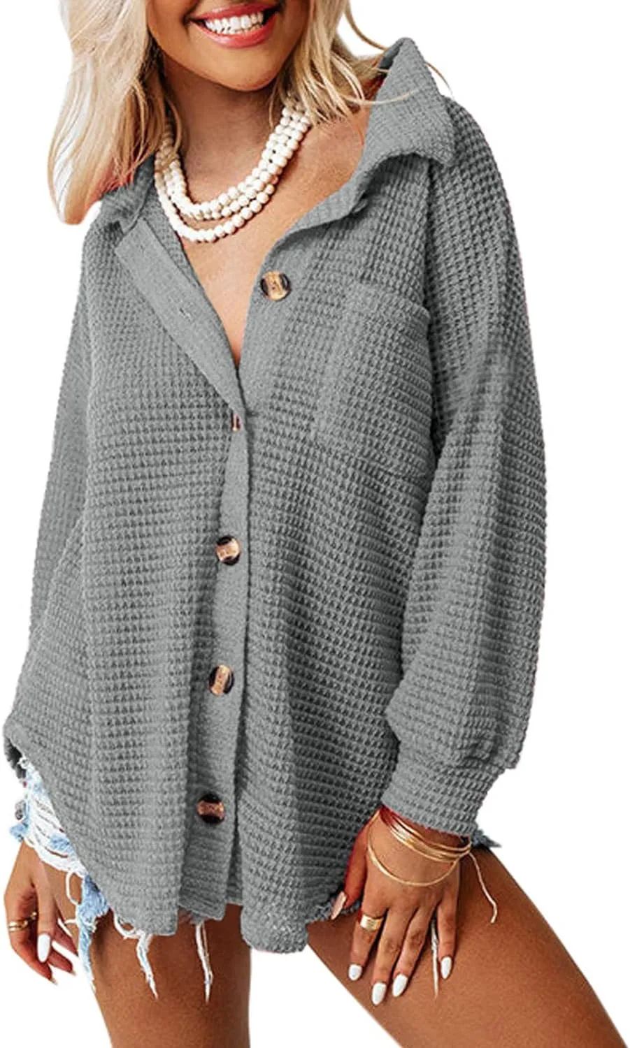 Womens Waffle Knit Button Down Shirts Casual Long Sleeve Shacket Jacket Boyfriend Tops Blouses Loose Fit