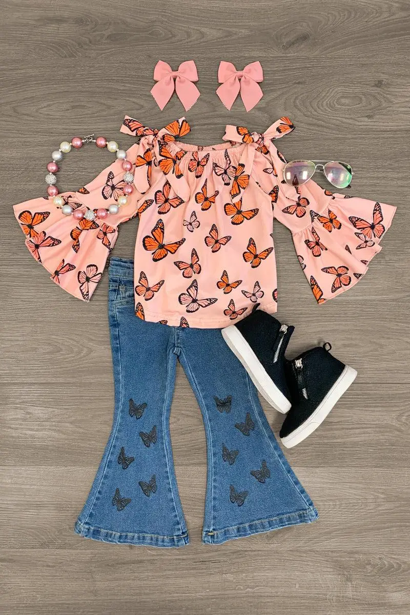 Sunkissed Pink Butterfly Denim Flare Set