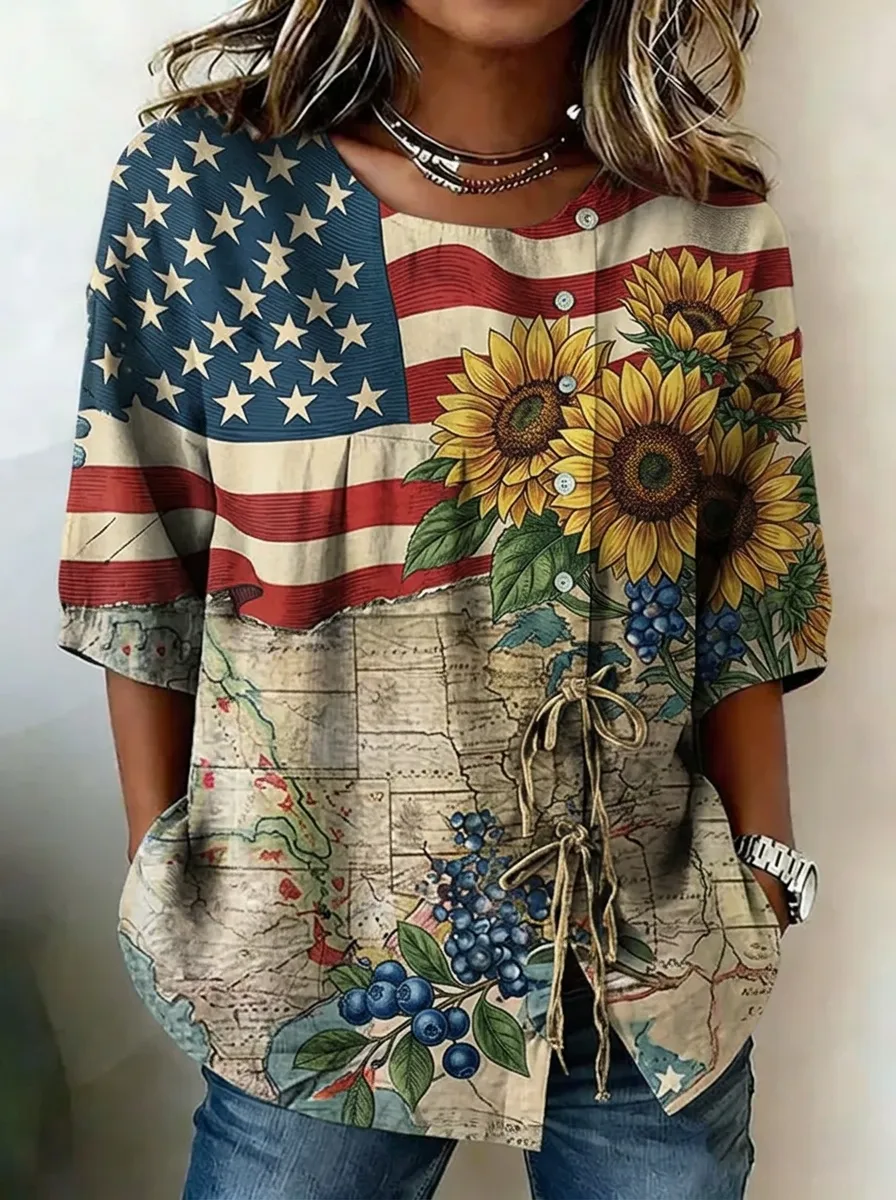 Women's Nashville USA Flag Sunflower Map Printed Top