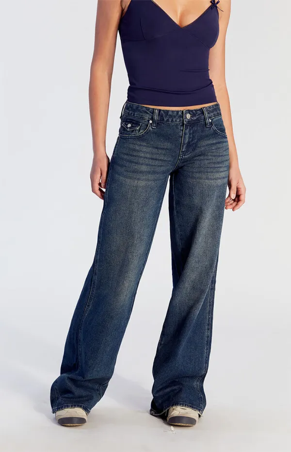 PacSun Casey Button Pocket Low Rise Baggy Jeans Dark Indigo
