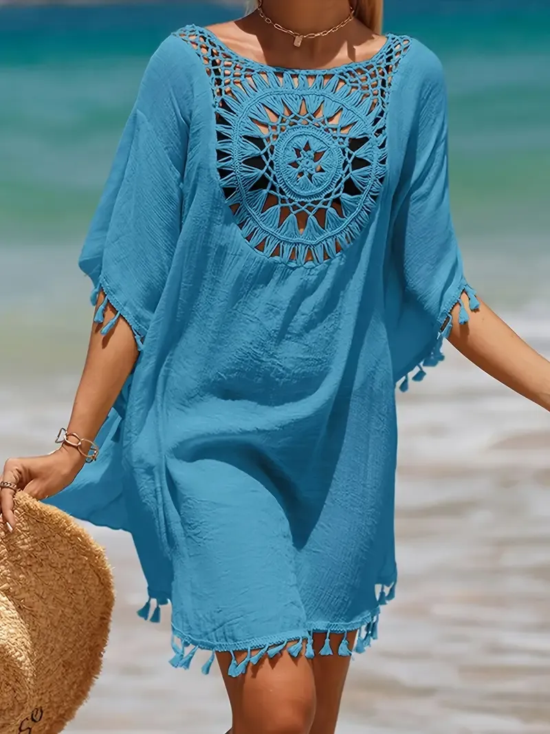 Tassel Decor Cover Up Dress, Round Neck Loose Fit Crochet Decor Beach Kaftan, Women's Swimwear & Clothing for carnival & Music Festival For Holiday