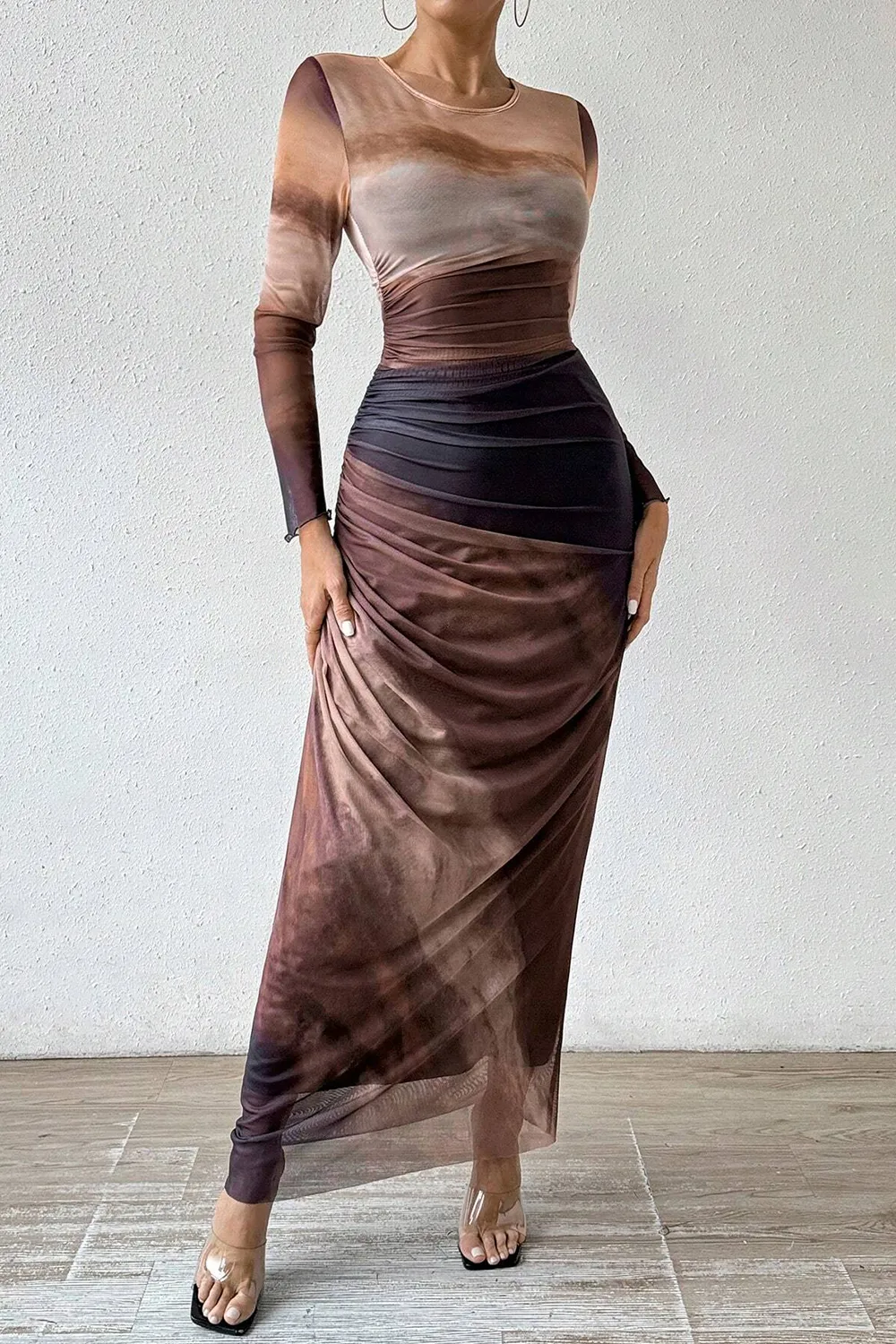 Women's Tie Dye Long Sleeve Pleated Dress Multicolor