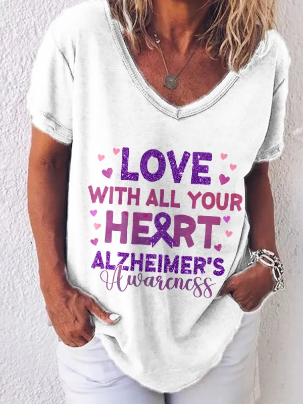 Women'S V-Neck Short-Sleeved T-Shirt Love With All Your Heart Alzheimer'S Awareness Prints