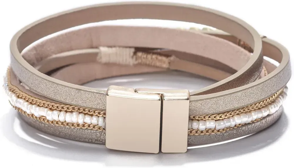 Fesciory Leather Wrap Bracelets for Women, Boho Leopard Multi-Layer Crystal Beads Cuff Bracelet Jewelry