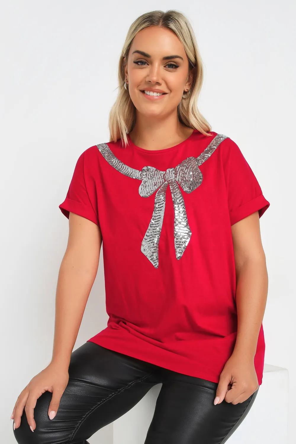 YOURS Curve Red Sequin Bow T-Shirt