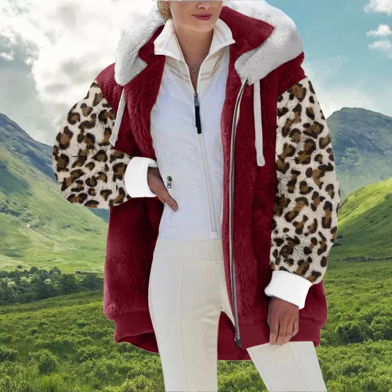 Casual Oversized Leopard-Painted Lambsool Hooded Coat