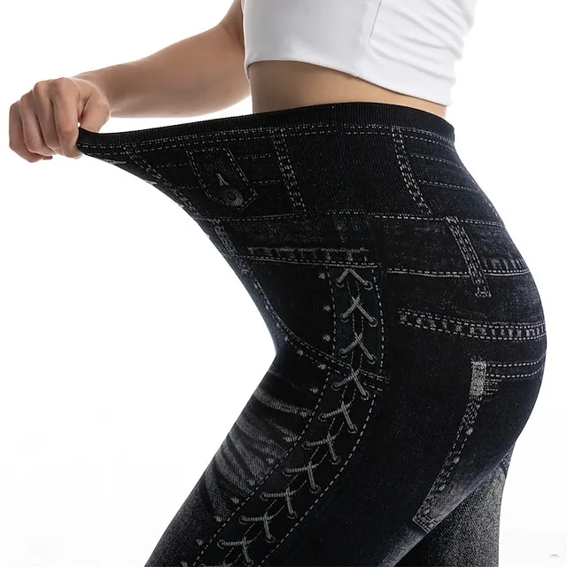 Women's Tights Pants Trousers Full Length Faux Denim Stretchy High Waist Fashion Casual Weekend Black Blue S M