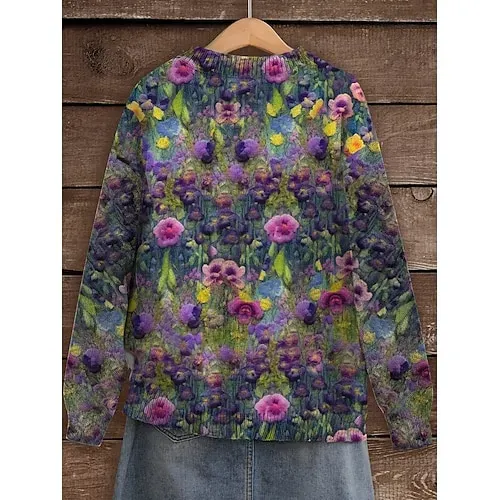 Women's Sweater Daily Graphic Crew Neck Print Long Sleeve Regular Tops Knit Weekend Pink Khaki Fall Winter