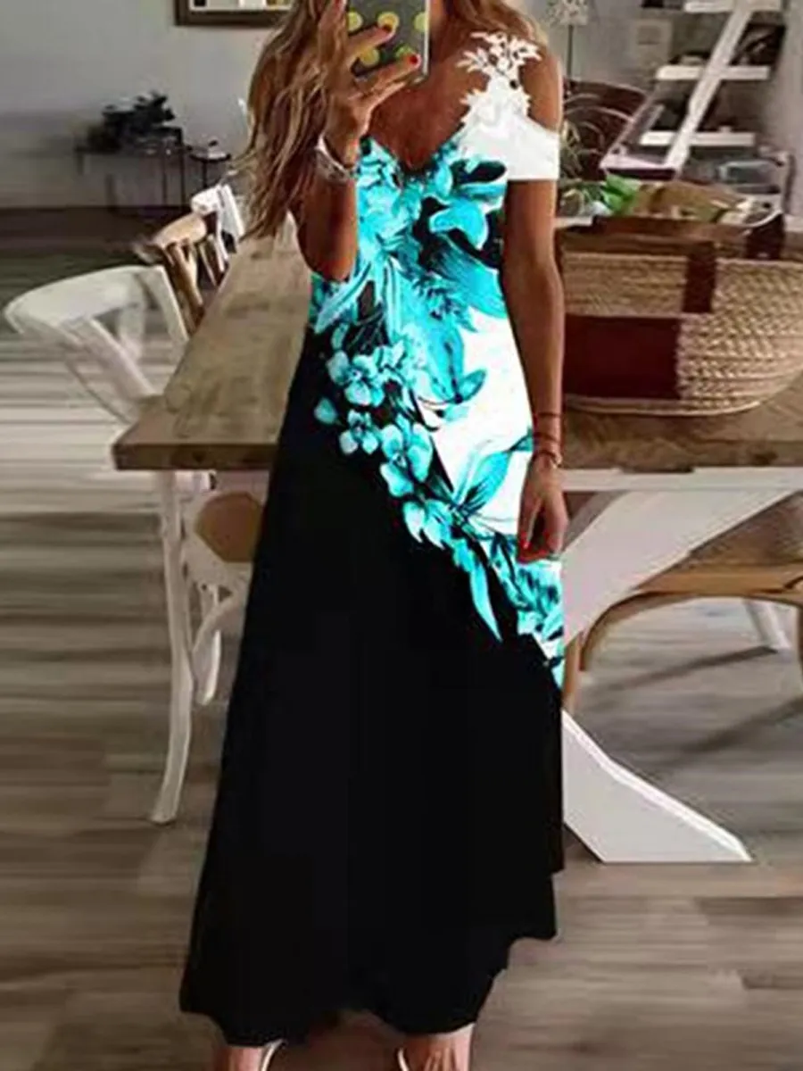 Casual Floral Print Panel V-Neck Short Sleeve Maxi Dress