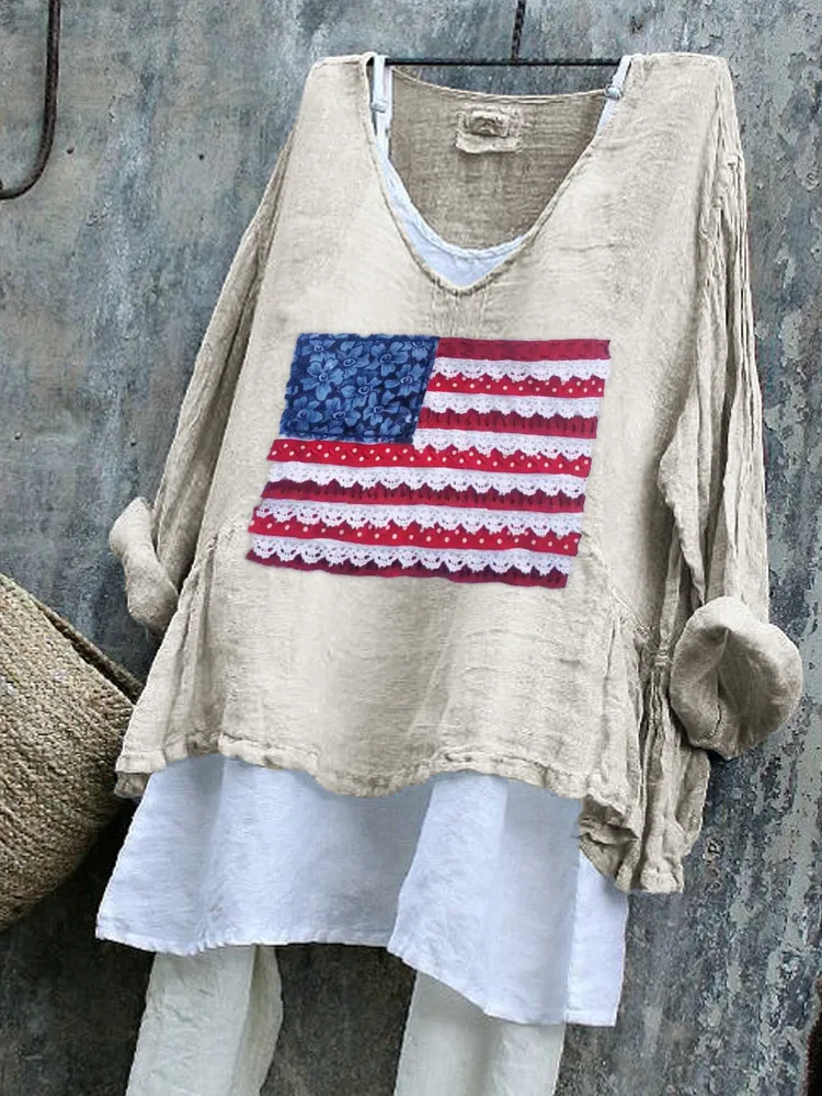 American Flag Fiber Art Patch Linen Tunic