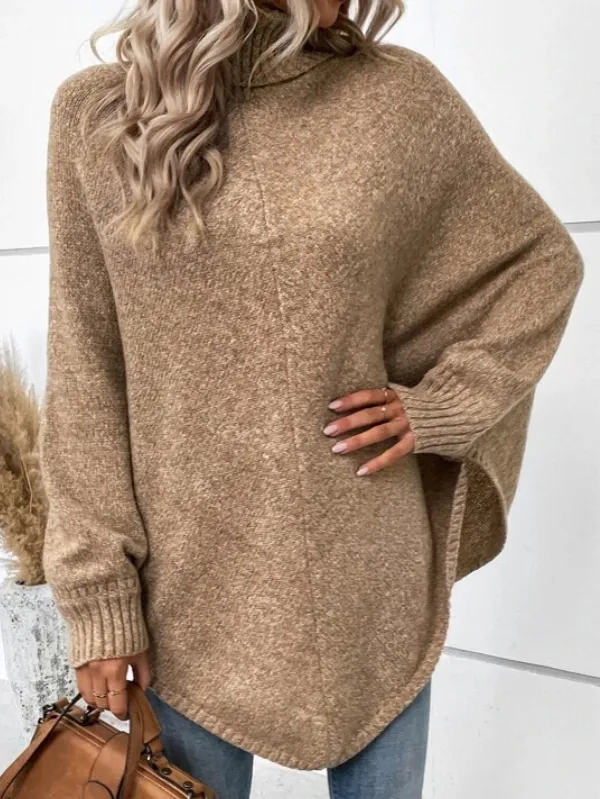 Solid Turtleneck Batwing Sleeve Sweater